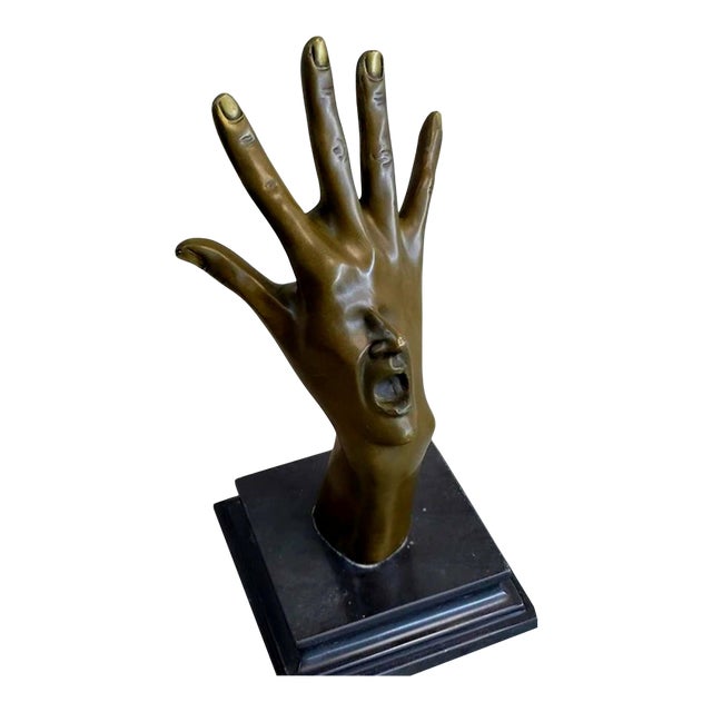 Late 20th Century Signed Solid Bronze Surrealist Hand and Face Sculpture For Sale
