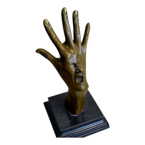 Late 20th Century Signed Solid Bronze Surrealist Hand and Face Sculpture