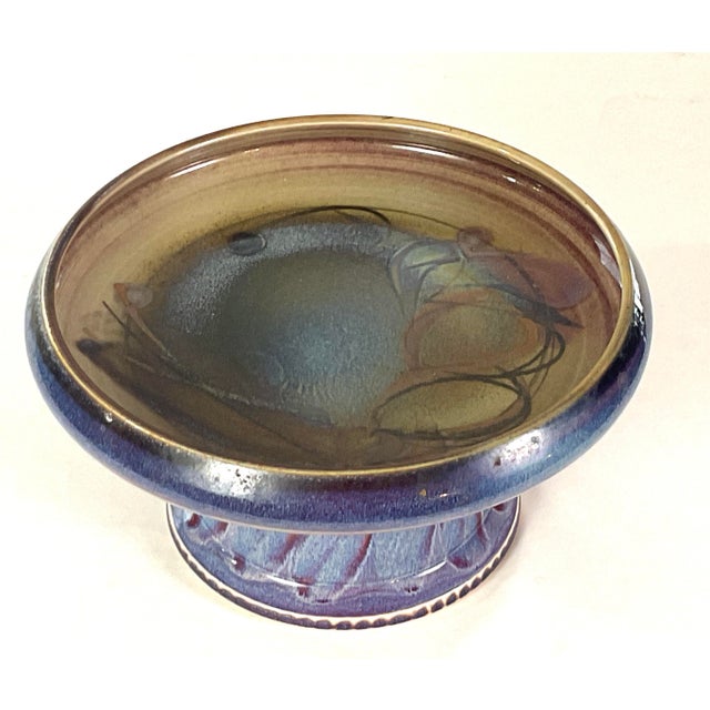 Studio art pottery – handcrafted, artist signed,large pedestal plate/bowl/Tazza Earthenware with reactive, blue, brown,...