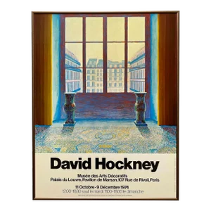 David Hockney Vintage 1974 Lithograph Print " Two Vases in the Louvre " Framed Paris Exhibition Poster