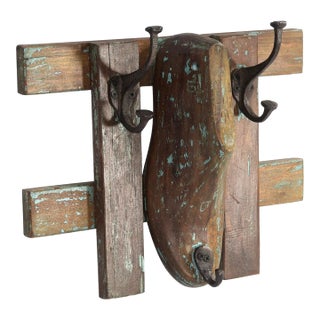 Rustic Shoe Mold Wall Hook | Farmhouse Reclaimed Wood Coat Rack With Double Pegs | 14" Wide Vintage Wooden Hanger for Mudroom For Sale