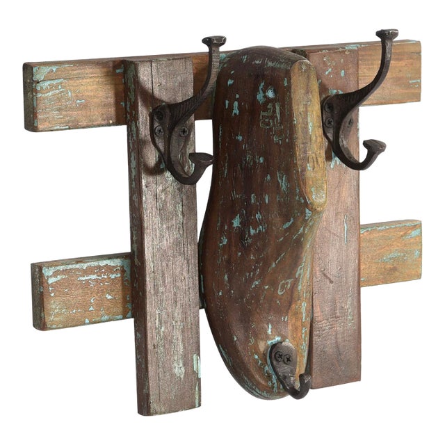 Rustic Shoe Mold Wall Hook | Farmhouse Reclaimed Wood Coat Rack With Double Pegs | 14" Wide Vintage Wooden Hanger for Mudroom For Sale