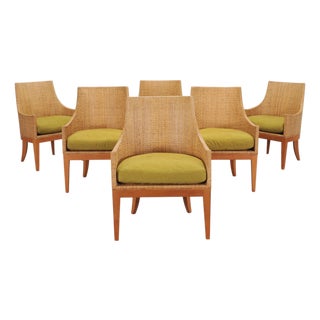 Set of Six McGuire Umbria Woven Rattan Cane Dining Armchairs For Sale