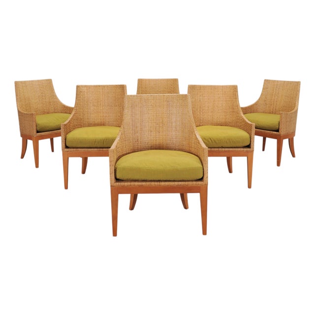 Set of Six McGuire Umbria Woven Rattan Cane Dining Armchairs For Sale