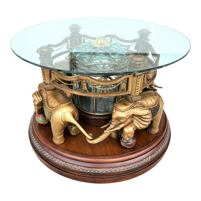 Fun Rotating African Elephant Carousel Glass Top Coffee Cocktail Table