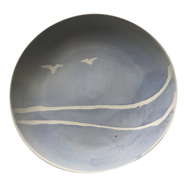 Vintage Stoneware Ceramic Pottery Bowl with Flying Seagulls Artist Signed For Sale
