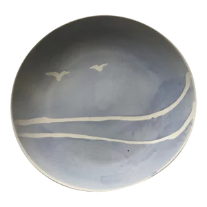 Vintage Stoneware Ceramic Pottery Bowl with Flying Seagulls Artist Signed