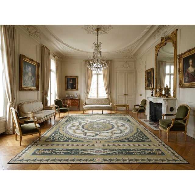 9x12 Vintage Aubusson Flat Weave Wool Rug, Green and Gold Empire Medallion For Sale - Image 13 of 15