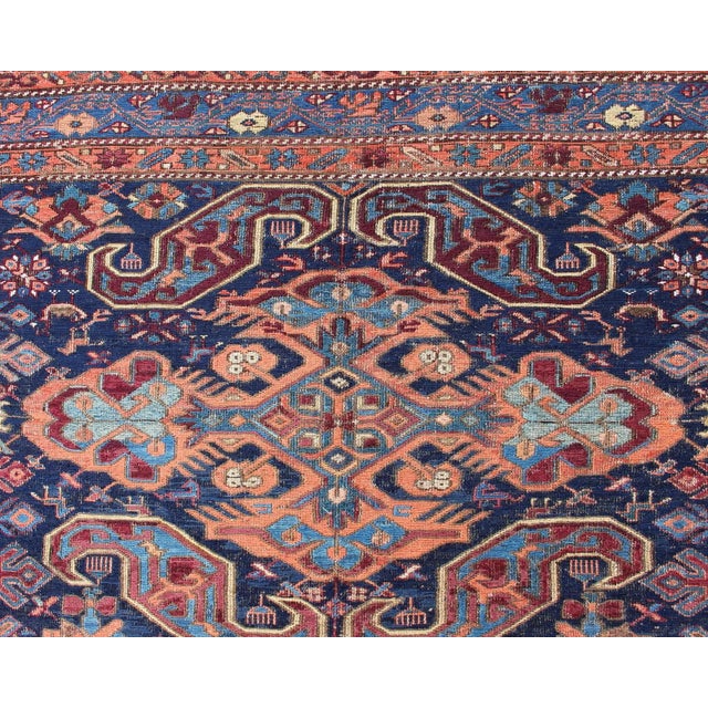 Blue Early 20th Century Antique Caucasian Sumac Rug in Varying Colors of Orange and Blue For Sale - Image 8 of 12