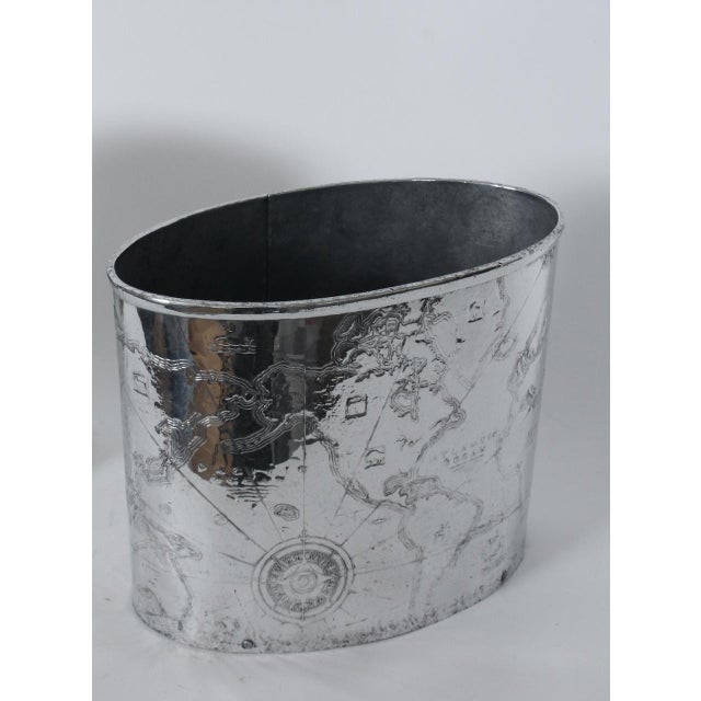 Arthur Amour Hammered Aluminum "Mariners World Map" Wastepaper Basket, 1930s For Sale - Image 4 of 12