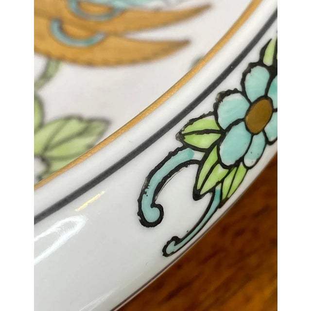 Blue Gold Imari Decorative Bowl Hand-Painted With Peacock Pattern in Blues and Greens - Made in Japan For Sale - Image 8 of 11