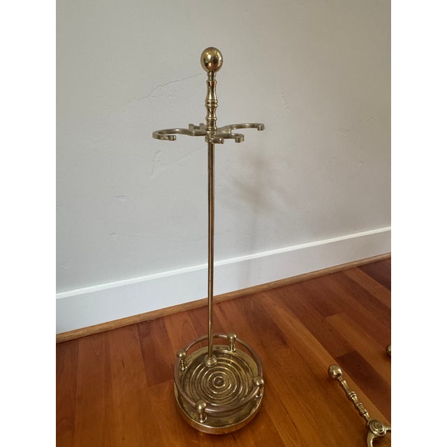 Early 20th Century Howes-Marked Brass Fireplace Tool Set and Stand With Cannonball Andirons, Made in Usa For Sale - Image 5 of 13
