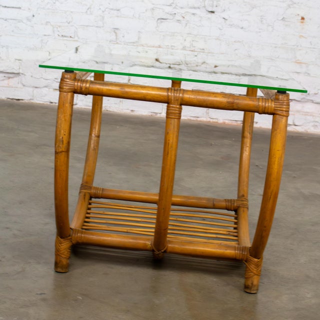 Mid 20th Century Mid-20th Century MCM Coastal Style Side or End Table With Bent Rattan Base and Rectangle Glass Top For Sale - Image 5 of 18