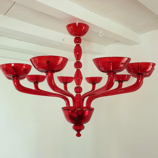 Mid-Century Modern Red Murano Glass, Mid Century Modern, Chandelier Italy 1980s For Sale - Image 3 of 11
