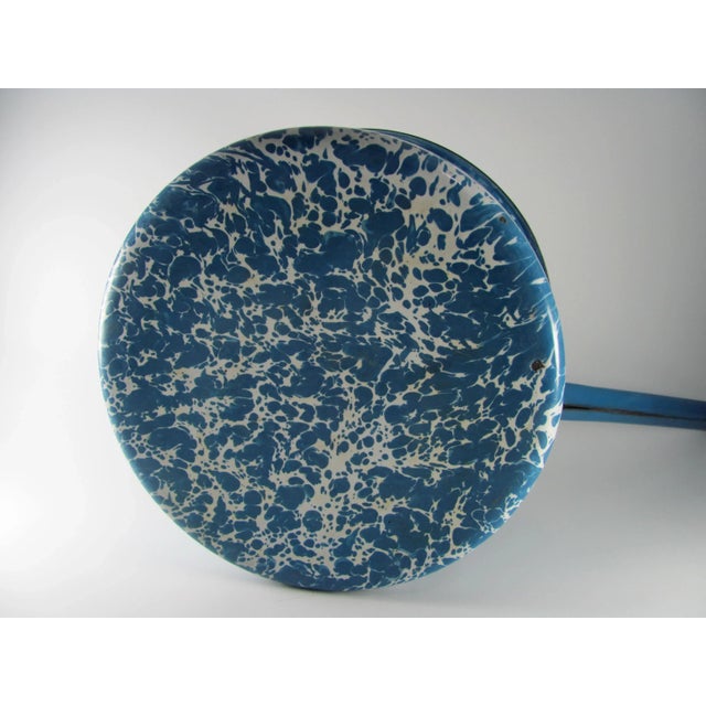 Vintage Graniteware Enamel Blue & White Swirl Marbled Mottled Agate Rustic Pot With Lid For Sale - Image 10 of 13