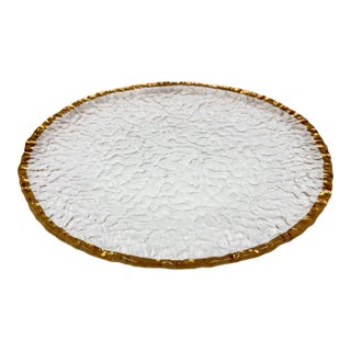 1980s Mid-Century Modern Crystal Ivv Glacier Ice Serving Platter Cake Plate Italy 10k Gold Trim 14.5" For Sale