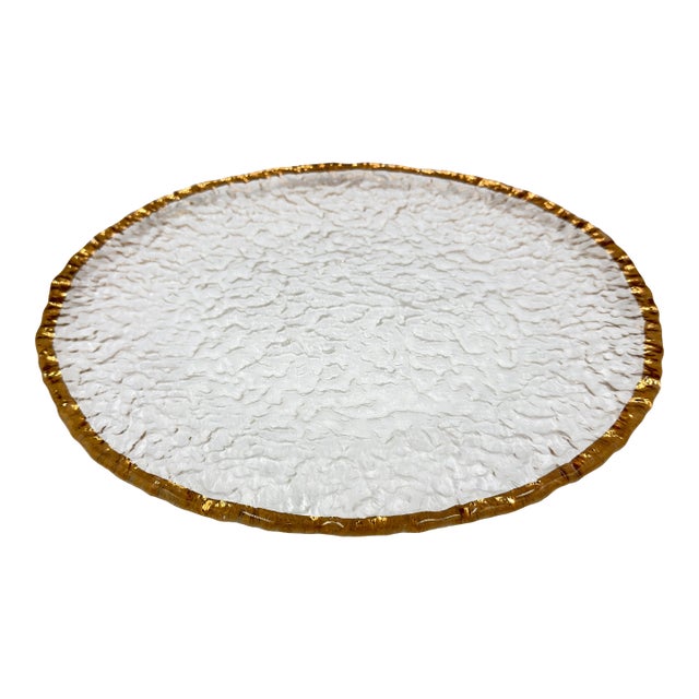 1980s Mid-Century Modern Crystal Ivv Glacier Ice Serving Platter Cake Plate Italy 10k Gold Trim 14.5" For Sale