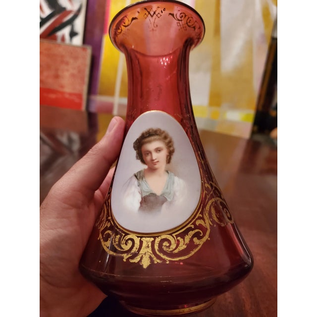 Antique Moser Bohemian Glass Applied Plaque Ruby Vase For Sale - Image 4 of 5
