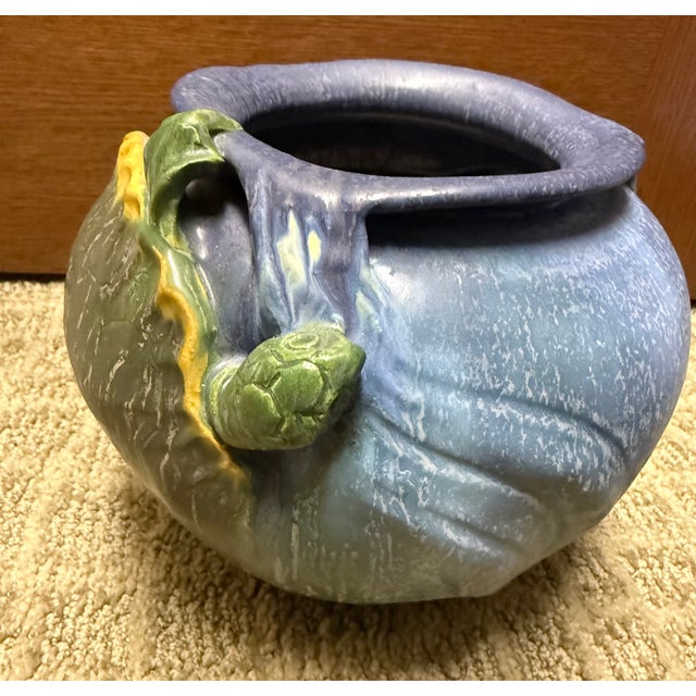 Blue Ephraim Faience 2006 Hand Made Art Pottery Green Turtle Blue Ceramic Vase For Sale - Image 8 of 15