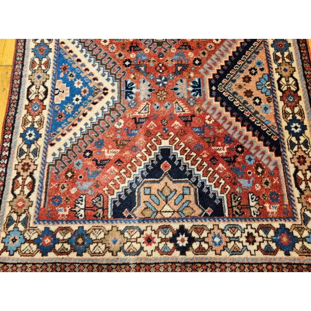 Vintage Persian Shiraz Tribal Runner Rug, Hand-Knotted Wool, Geometric Medallion Pattern, Red & Blue, 3x10 For Sale - Image 11 of 15