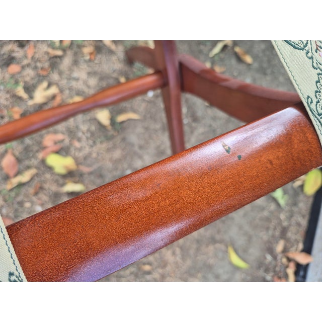 Mid 20th Century Vintage Scheibe Wooden Folding Luggage Racks With Floral Tapestry Straps - Pair For Sale - Image 5 of 11