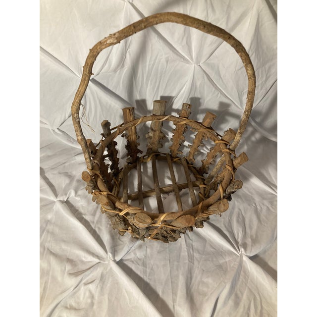 Early 20th Century Americana Antique Adirondack Twig Mushroom Foraging basket.Adirondack Twigs Primitive Style W/ a Large Bent Twig Handle. Early 20th Century For Sale - Image 5 of 12