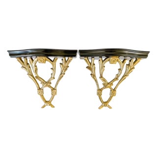 Pair of Neoclassical Cast Brass & Dark Cherry Wood Wall Brackets For Sale