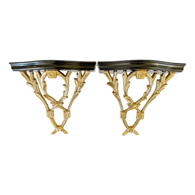 Pair of Neoclassical Cast Brass & Dark Cherry Wood Wall Brackets For Sale