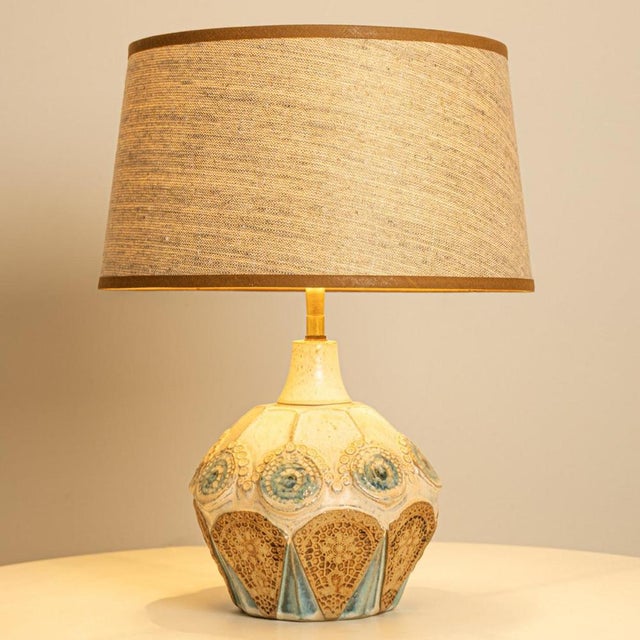 Round Ceramic Table Lamp with Custom Blue Silk Lampshade by René Houben, 1970 For Sale - Image 10 of 12
