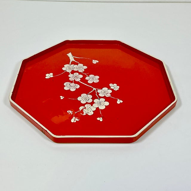 Mid-Century Boho Chic Octagonal Shaped Plastic Serving Tray With Cherry Bloosom Design For Sale - Image 10 of 14