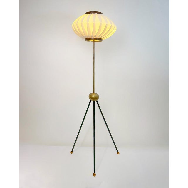 Brass and Black Metal Tripod Floor Lamp with Pleated Shade attributed to Svend Aage Holm Sørensen, Denmark, 1960s, in Very...