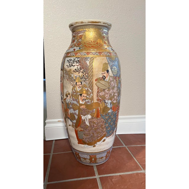 Satsuma Monumental 24” Antique Japanese Meiji Period Kyoto Satsuma Palace Floor Vase, Court Scene & Peony Panels For Sale - Image 4 of 11