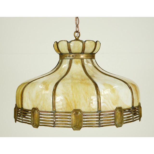 Traditional Vintage Tan Slag Stained Glass Pendant Light With Brass Accents For Sale - Image 3 of 10