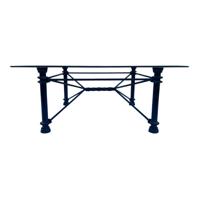 1980s Mid-Century Modern Square Wrought Iron Base Beveled Glass Top Coffee Table For Sale
