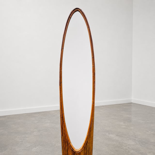 1970s Vintage Bohemian Coastal Veneer Rattan Lipstick Floor Mirror For Sale In Miami - Image 6 of 9