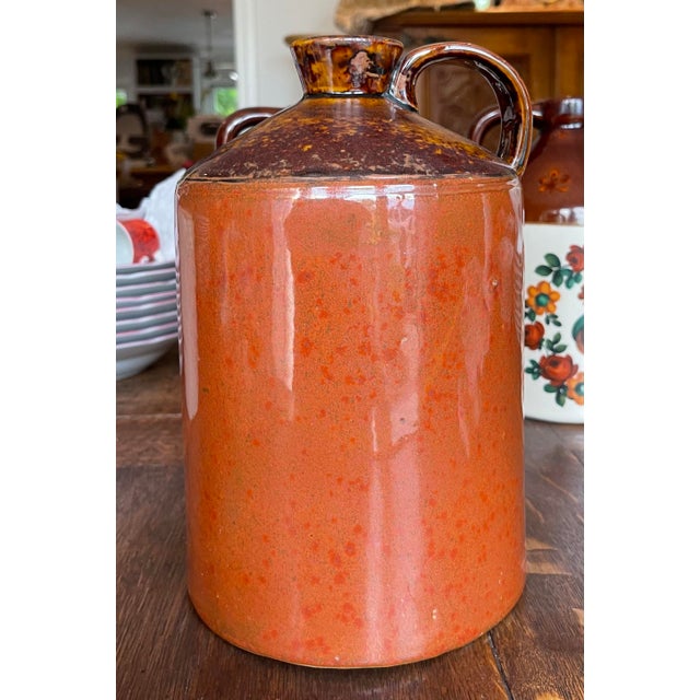 Mid 20th Century Vintage Stoneware Ceramic Two-Toned Gloss Glazed Red & Brown Whiskey Jug Rooster Relief Motif Farmhouse Country For Sale - Image 4 of 8