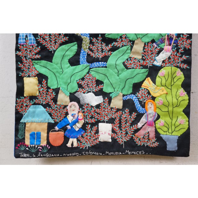 Colombian Arpillera Folk Art Village Farm Animal Scene Textile Tapestry 28" For Sale - Image 11 of 15