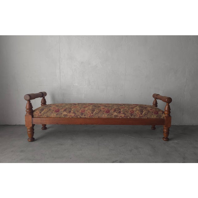 French Country Chhunky Antique French European Bench in Floral Tapestry For Sale - Image 3 of 9
