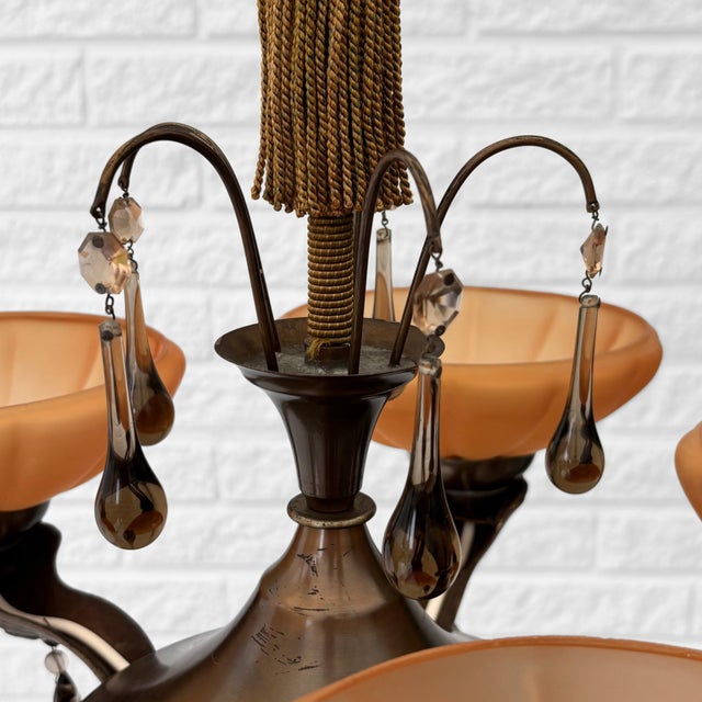 1930s 5-Arm Chandelier in Brass and Havana Glass, Sweden, 1930s For Sale - Image 5 of 10