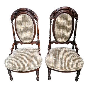 19th Century Rosewood Victorian Photographers Chairs in Haitian Cotton- a Pair