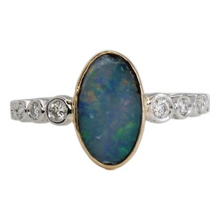 1ct, 11x7mm Australian Opal Ring W Natural Diamonds in 14k White and Yellow Gold For Sale
