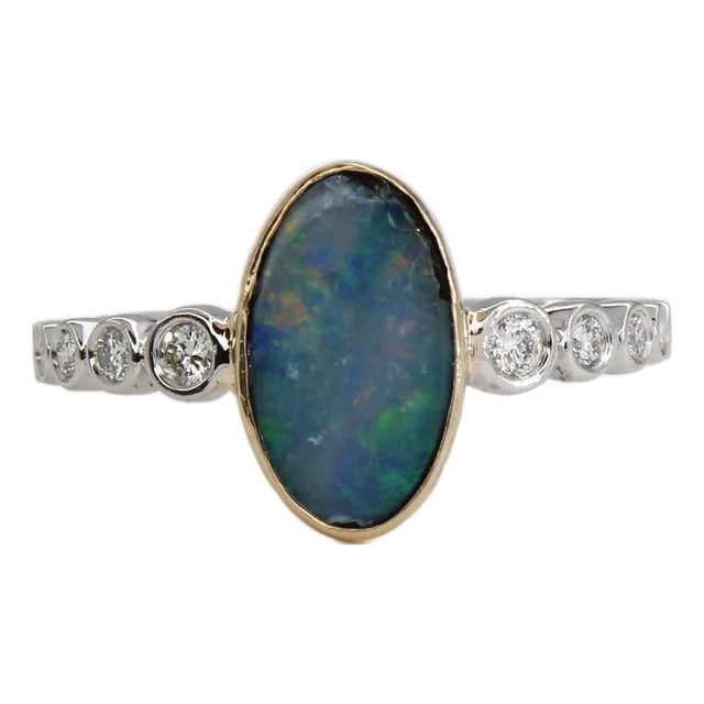 1ct, 11x7mm Australian Opal Ring W Natural Diamonds in 14k White and Yellow Gold For Sale