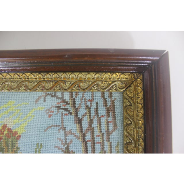 Wood Early 20th Century Needlepoint in Antique Wood Frame With Giltwood Cottagecore Country Style Embroidered Picture For Sale - Image 7 of 10