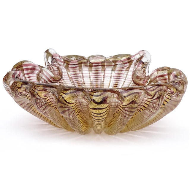 Mid 20th Century Murano Barovier Toso Vintage Purple Swirl Gold Flecks Italian Art Glass Decorative Ribbed Seashell Ashtray Bowl For Sale - Image 5 of 9