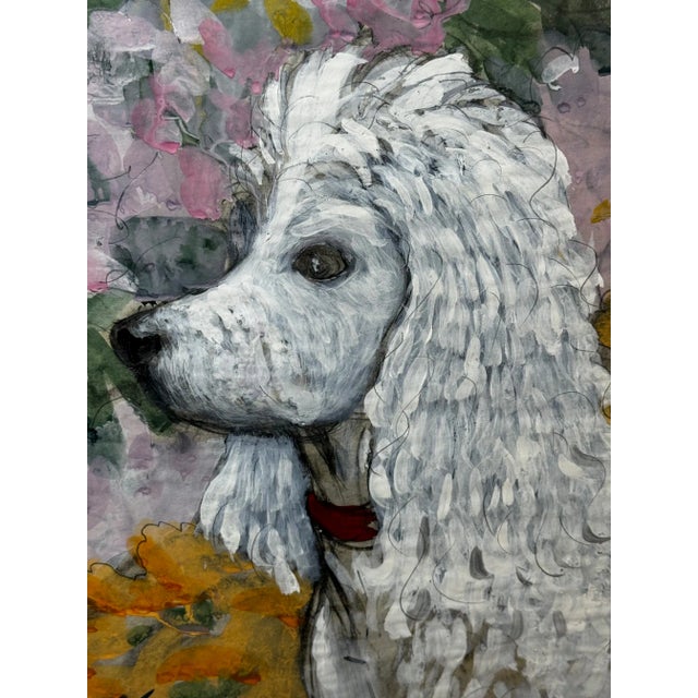 Wood Portrait Painting White Poodle Dog With Rhododendron Flowers by Charles Frederick Tunnicliffe For Sale - Image 7 of 12