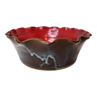 Vintage Handmade Ruffled Ceramic Bowl Red & Brown Drip Glaze Studio Pottery For Sale