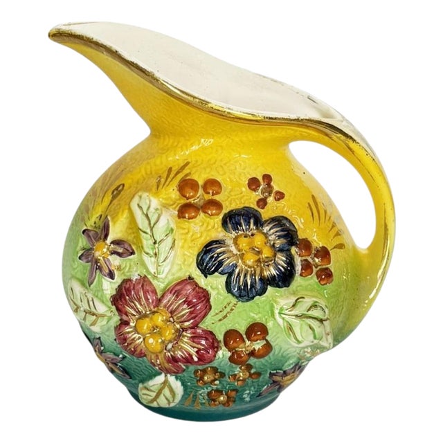 Yellow Pitcher with Floral Pattern, 1980s For Sale