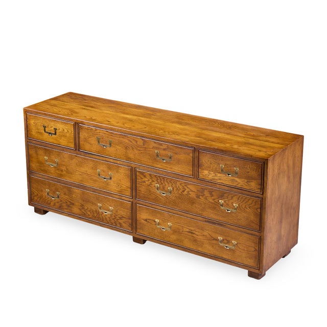 Henredon Campaign Mid Century Oak and Brass Lowboy Dresser For Sale - Image 10 of 11