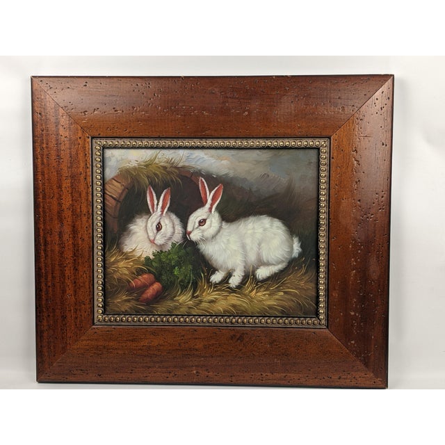 Vintage Rabbit Oil Painting in Brown, Cream & Green With Carved Gilt Wood Frame For Sale - Image 13 of 14