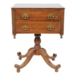Antique Mahogany Two-Drawer Sewing Table With Scroll-Foot Pedestal Base For Sale